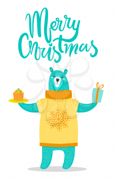 Merry Christmas greeting card big bear in sweater with snowflake holds present decorated by bow and delicious cupcake on plate isolated cartoon vector