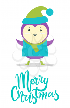 Merry Christmas greeting card with small purple bird in sweater and warm hat with pompon isolated cartoon flat vector illustration on white background.