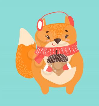 Happy squirrel with acorn icon isolated on white background. Vector illustration with cute orange animal with fur headphones and knitted scarf
