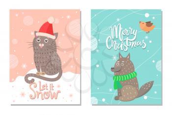 Merry Christmas let it snow 70s theme postcard with cat in red hat with fluffy bubo and wolf with green scarf. Vector illustration with xmas congratulation