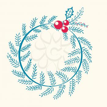 Christmas pattern consisting of wreath made up of long branch of pine and red berries with leaves, vector illustration isolated on white background