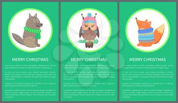 Merry Christmas 60s postcard with happy animals on green background. Vector illustration with wolf in scarf, owl in hat and fox in sweater