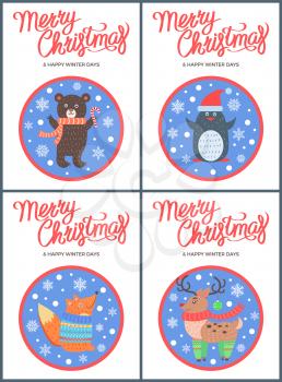 Merry Christmas 60s style congratulation postcard with happy animals in round frames. Vector illustration with beasts in warm clothes