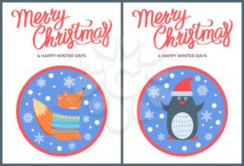 Merry Christmas and happy winter days, poster with text and fox, wearing blue sweater, penguin in hat a vector illustration and snowflakes in circle