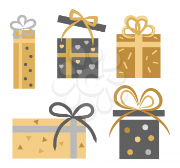 Vintage collection of five decorated closed and opened gift boxes on white. Vector banner of dark grey and golden present boxes with ribbons and bows. Wrapping paper with hearts and balls on boxes