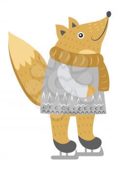 Fow isolated in warm silver sweater and golden scarf on white. Vector illustration of standing cunning wild animal with fluffy tail on skates in cartoon style. Christmas entertainments outdoors