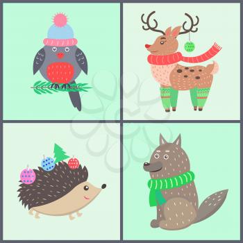 Animal icons, collection of posters with bullfinch wearing hat, reindeer with scarf, images of hedgehog and wolf vector illustration isolated on green
