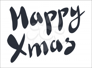 Merry Xmas black calligraphic written by hand text on white. Black-white festival card in flat design. Vector colourless illustration of Merry Christmas congratulation card without any decorations
