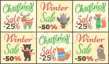 Christmas sale set of posters with titles and images of reindeer, owl and fox with present, bear with candy and cat in hat on vector illustration