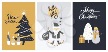 Holly Jolly Merry Christmas and New Year banner of three pictures. Vector illustration of decorated xmas tree and burning candles, Santa Claus on skis and with gift bag, snowman near present box