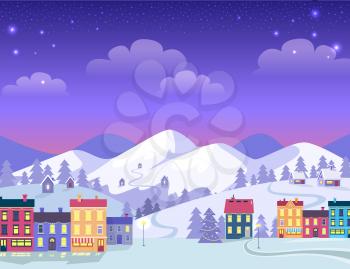 Christmas town in evening with many decorated buildings. Vector cartoon illustration of greeting card with snowy mountains and different spruces on them on background. Happy winter holidays.