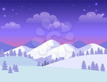 Colourful greeting card with mountains covered with white snow. Vector cartoon illustration of amazing evening town and many spruces on hills, blue-violet sky with clouds and stars in flat design.
