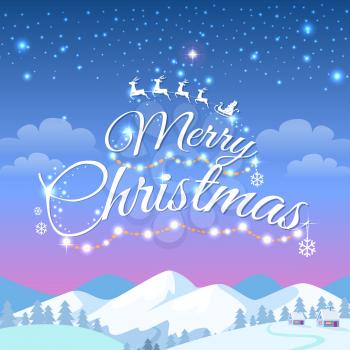 Merry Christmas greeting card with calligraphic white text and symbol of Santa Claus on sledge with deers. Vector cartoon illustration of city with snowy mountains and houses, spruces on them