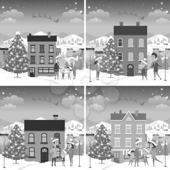 Monochrome set of happy families front of houses. Celebration Christmas on city and blue sky background. Vector illustration of parents and children among white fir trees, mountains and buildings