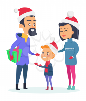 Happy family in warm clothes on white background. Vector illustration of small family with son who wear Christmas red hats. Father holds big box with present. Child getting adorable gift in flat