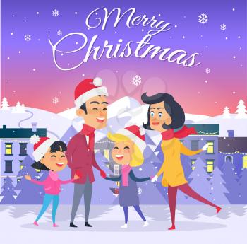 Postcard with Merry Christmas on city background. Vector illustration of happy family in red hats father mother two daughters on white field. Behind family are mountains white forest and houses