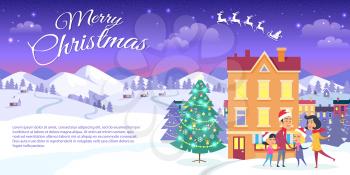 Happy family entertain near home on winter landscape. Merry Christmas written on blue sky. Vector illustration happy family is outside near decorated Christmas tree. Behind house snowy mountains