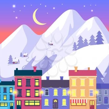 Night Christmas small town on high mountains and purple sky with moon stars background. Vector illustration of colourful two and three storeyed buildings with switched lights and festoons on roofs.