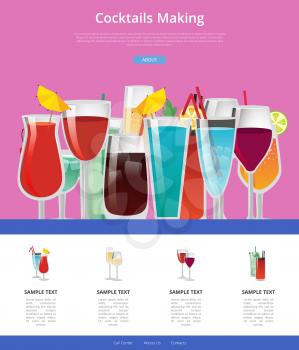 Cocktails making manual web page design with decorated glasses with alcoholic drinks. Vector illustration with beverages and text samples