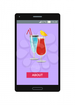 Cocktails decorated with straws and lemon, shown on phone screen in mobile application vector illustration of online application with button about