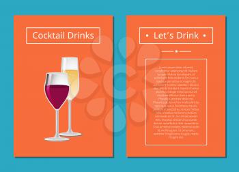 Lets drink cocktails poster with glass of red wine and champagne drinks in glassware vector banner with place for text in frame on orange background