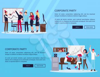 Corporate party web page with text sample and two buttons, people in office celebrating success of company together vector illustration