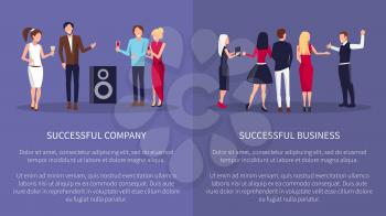 Successful business and company two posters with people having fun at disco. Vector illustration with colleagues at party on violet background