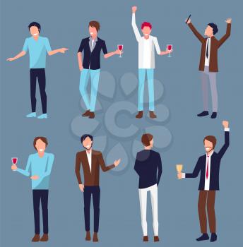 Set of men icons partying and holding glasses with alcoholic drink in their hands, people dressed in suits vector illustration isolated on blue