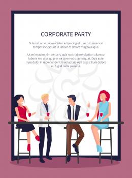 Corporate party poster with people sitting and drinking red wine, discussing something and having fun together vector in frame with place for text