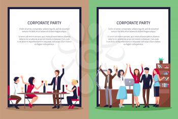 Corporate party posters set with text sample and people drinking in process of partying in office with computer, shelves and table vector illustration