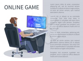 Online gaming poster with man playing cyber video games, player in virtual reality cyberspace sitting on chair at computer vector illustration