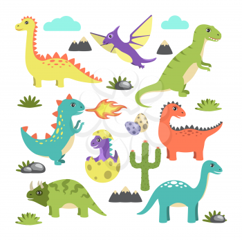 Set of dinosaur icons representing clouds, stones and grass with prehistoric animals of different types, vector illustration isolated on white
