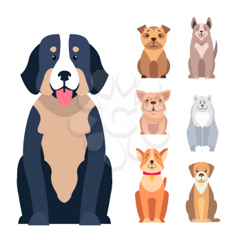Cute dogs cartoon icons set. Happy doggies sitting with smiling muzzle and hanging out tongue flat vector isolated on white. Lovely purebred pets illustration for vet clinic, breed club or shop ad