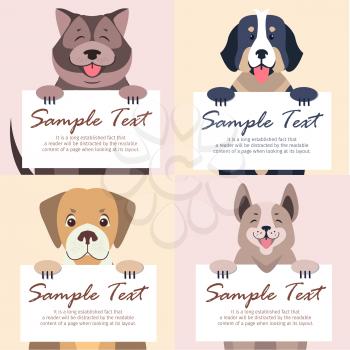 Happy cartoon dogs characters holding banners with sample text in pawns with message on white board concepts set. Lovely purebred pet vector illustration for shop or veterinary clinic ad