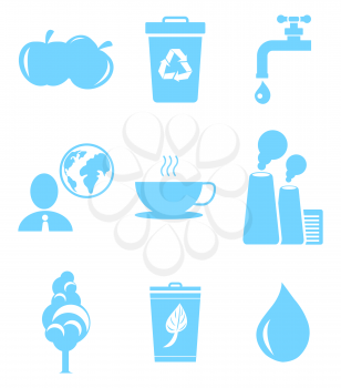 Set of icons in save environment concept. Healthy food, politician thinking about global issues, garbage bin with recycling sign vector