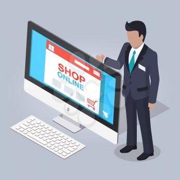Online shopping website illustrated on monitor of computer on gray background. Man in black business suit showing internet page of interactive store. Vector illustration of e-commerce flat design.