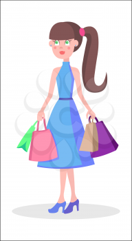 Beautiful woman with colorful paper bags vector illustration. Holiday shopping flat concept isolated on white background. Female cartoon character make purchases icon. Buyer girl on seasonal sale   