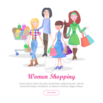 Women shopping conceptual banner. Beautiful women make purchases with shopping trolley, baskets and bags vector illustrations on white background. Holiday shopping concept for sale promotions web page