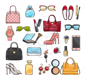 Patch of fashion accessories. Woman items and accessories. Collection of bags, shoes, high heels, sun glasses, phones, car keys, watch and cosmetics in circle. Cartoon style. Flat design. Vector