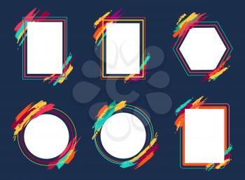Empty frames collection, geomeytic shape borders decorated with blurry wide colorful lines, space for putting some information on vector illustration