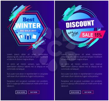 Best winter sale, discount -25 off, set of web sites with designed emblems, strokes and text below them, buttons isolated on vector illustration
