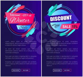 Discount -25 off winter and new offer, collection of creative web pages including labels with titles and text with buttons on vector illustration