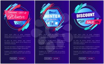 Discount -25 off blue and winter sale, websites collection with stickers and text sample with buttons on vector illustration isolated on blue