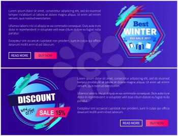 Discount sale, new offer and winter deal, internet pages with headlines put in stickers and presents, text sample and buttons on vector illustration