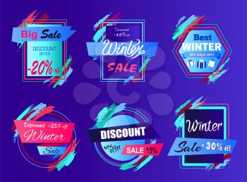 Big sale, discount offer and winter clearance, labels of rectangular and circular shapes with ribbons on vector illustration isolated on blue