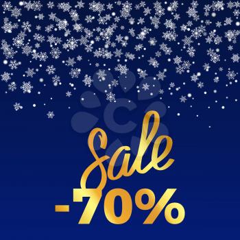 Sale -70 , poster depicting discount with snowflakes as decorative elements vector illustration isolated on dark-blue with gold inscription