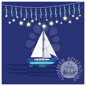Summer adventures travelling yacht with glittering christmas garlands, sailboat and logo design in round stamp, vector illustration on blue