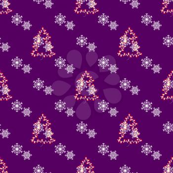Christmas theme seamless pattern with Xmas tree made of garland and snowflakes. Vector illustration isolated on purple background