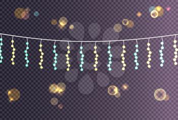 Electric garland made of small balls hanging on glittering ribbons vector illustration on blurred background with decorative elements