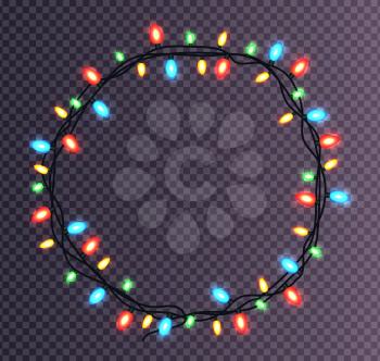 Colorful round frame made of Christmas lights sparkling multicolor lightbulbs decorative border vector illustration isolated on transparent background